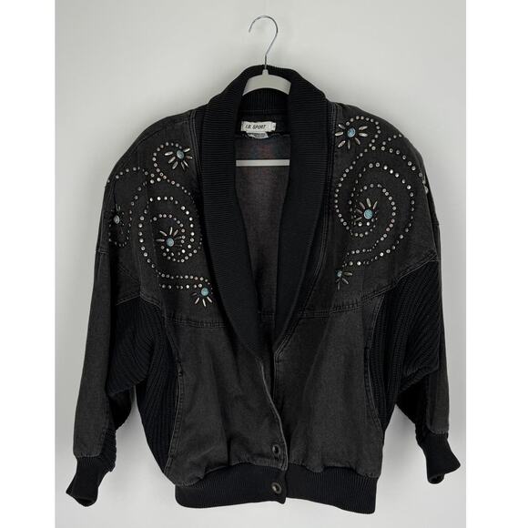 IB Sport Vintage Black Denim Sweater Jacket Aztec Turquoise Womens Large - Picture 4 of 16
